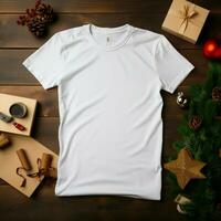 ai generado blanco blanco camiseta acostado en un dormido posición en un de madera mesa, junto a eso son varios Navidad cosas foto