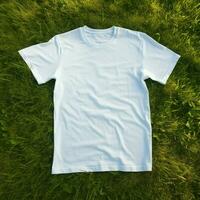 AI generative High quality of Blank white t-shirt on the green grass, perfect for mockup preview photo