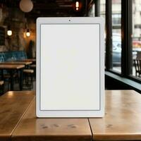 AI Generative High quality photo of big tablet with blank screen on the table, perfect to create mockup preview