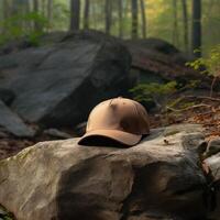 Photo of blank light brown baseball hat, ultra realistic, 8K, suitable to create hat mockup or cap mockup
