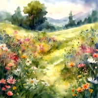 Rustic Watercolor Idyllic Country Meadow AI Generative png