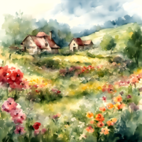 Rustic Watercolor Idyllic Country Scene AI Generative png