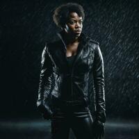 photo of strong african woman with black leather suit in heavy rain night, generative AI