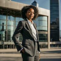 foto de inteligente africano mujer con negro negocio traje a grande moderno ciudad, generativo ai