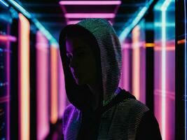 photo of woman in black hoodie in server data center room with neon light, generative AI