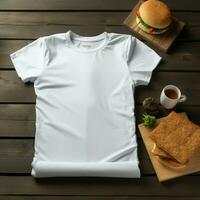 AI generated Blank white t-shirt lying in a sleeping position on a wooden table, beside it are several burgers photo