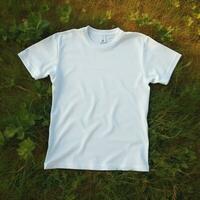 AI generative High quality of Blank white t-shirt on the green grass, perfect for mockup preview photo