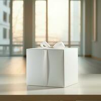 AI generative Blank gift box in white color on the table, perfect to create mockup preview photo