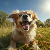 ai generativo alto calidad foto de un contento perro jugando pelota en el césped