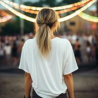 ai generado niña modelo vistiendo blanco demasiado grande t - camisa. música concierto vista. espalda vista. moderno estilo foto