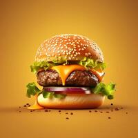 3D design of burger in yellow background photo