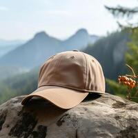 Photo of blank light brown baseball hat, ultra realistic, 8K, suitable to create hat mockup or cap mockup