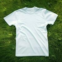 AI generative High quality of Blank white t-shirt on the green grass, perfect for mockup preview photo