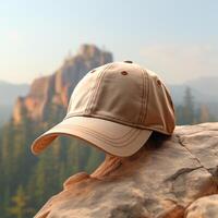 Photo of blank light brown baseball hat, ultra realistic, 8K, suitable to create hat mockup or cap mockup