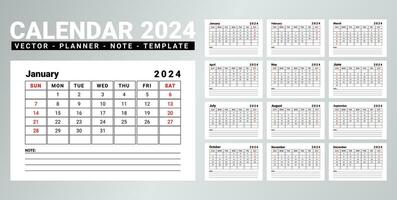 minimal 2024 calendar design with note space vector template