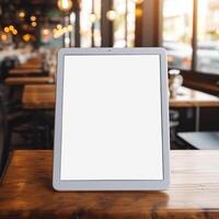 AI Generative High quality photo of big tablet with blank screen on the table, perfect to create mockup preview