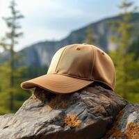 Photo of blank light brown baseball hat, ultra realistic, 8K, suitable to create hat mockup or cap mockup