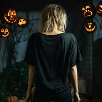 AI generated Girl model wearing black oversize t - shirt. halloween theme. Back view. modern style photo