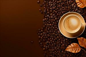 High angle cup of cappuccino with latte art on brown background. Beautiful wheat pulled into the foam, greenery ceramic cup, lots of coffee beans and leaf beside the glass. Generative AI photo