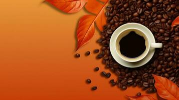 High angle cup of cappuccino with latte art on brown background. Beautiful wheat pulled into the foam, greenery ceramic cup, lots of coffee beans and leaf beside the glass. Generative AI photo