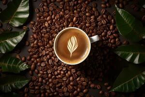 High angle cup of cappuccino with latte art on dark background. Beautiful wheat pulled into the foam, greenery ceramic cup, lots of coffee beans and leaf beside the glass. Generative AI photo