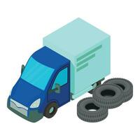 Tire fitting icon isometric vector. Several new automobile tire and delivery van vector