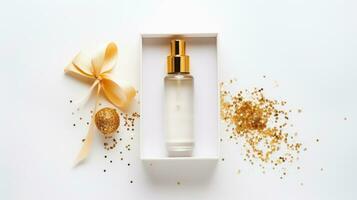 Top view of luxury serum bottle in the box with gold decorations with copy space on white background, Ai Generative. photo