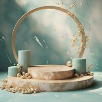Beige stone circle podium, product display luxury with cosmetic presentation background, Ai Generative. photo
