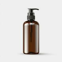 Brown cleansing shampoo bottle on white background, Ai Generative. photo