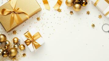 Top view of gold gift box with copy space, golden decorations on white background, Ai Generative. photo
