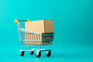 Pile cardboard box package put on shopping cart on blue background, Ai Generative. photo