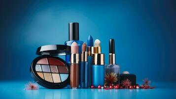 belleza cosmético maquillaje en mesa, cepillos, lápiz labial, uña polaco colección en azul fondo, ai generativo. foto