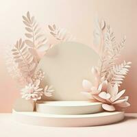 Beige podiums with leaf paper cut on background, cosmetic product show, Ai Generative. photo