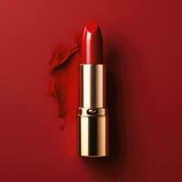 Lipstick on red background, Cosmetic makeup, Ai Generative. photo