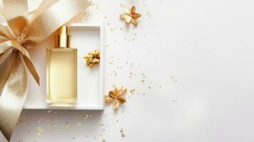 Top view of luxury serum bottle in the box with golden decorations with copy space on white background, Ai Generative. photo