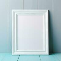 White picture frame mockup on wood table with home decoration, Afternoon light by the window, Ai Generative. photo