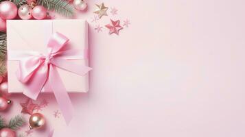 Top view of pink gift box with copy space, golden decorations on background, Ai Generative. photo