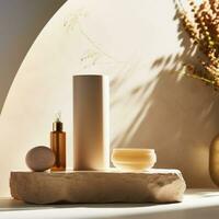 Beige stone circle podium, product display luxury with cosmetic presentation background, Ai Generative. photo