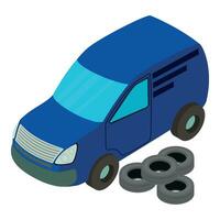 Auto service icon isometric vector. Several new automobile tire near blue car vector