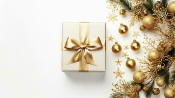 Top view of gold gift box with copy space, golden decorations on white background, Ai Generative. photo