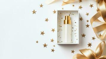 Top view of luxury serum bottle in the box with gold gift box with copy space on white background, Ai Generative. photo