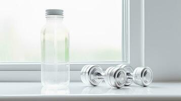 Closeup of dumbbells with drinking water bottle, window light at afternoon background, Ai Generative. photo