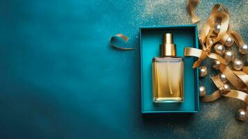 Top view of luxury serum bottle in the box with gold decorations with copy space on turquoise background, Ai Generative. photo