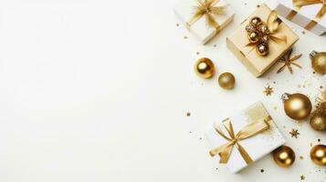 Top view of gold gift box with copy space, golden decorations on white background, Ai Generative. photo