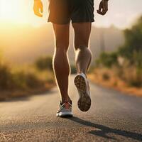 Back view of athlete runner feet running on the road, rainy season. Ai Generative. photo