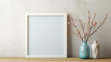 White picture frame mockup on wood table with home decoration, Afternoon light by the window, Ai Generative. photo