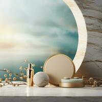 Beige stone circle podium, product display luxury with cosmetic presentation background. Ai Generative. photo