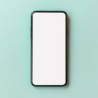 Top view of black smartphone with white screen on pastel background, Ai Generative. photo