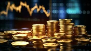 Golden dollar coins stack on screen, stock market graph and investment and currency exchange, Planning and strategy concept by Generative ai. photo