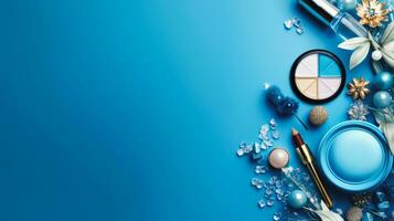 Top view of beauty cosmetic makeup on blue background, brushes collection, Ai Generative. photo